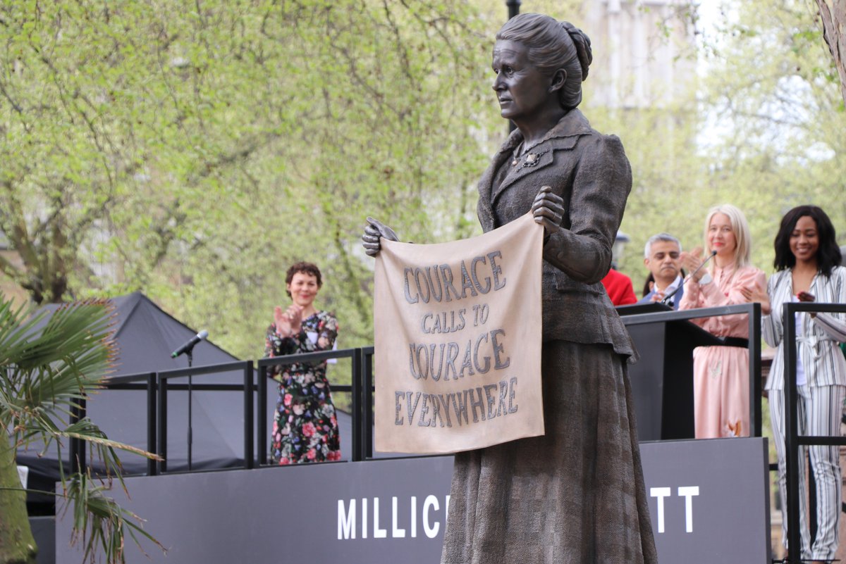 UKCivilService's tweet photo. "Courage calls to courage everywhere." Statue of suffragist leader #MillicentFawcett – by Turner Award winning artist Gillian Wearing – unveiled in Parliament Square today. #Vote100 #suffrage100 https://t.co/H3qAnj4r42