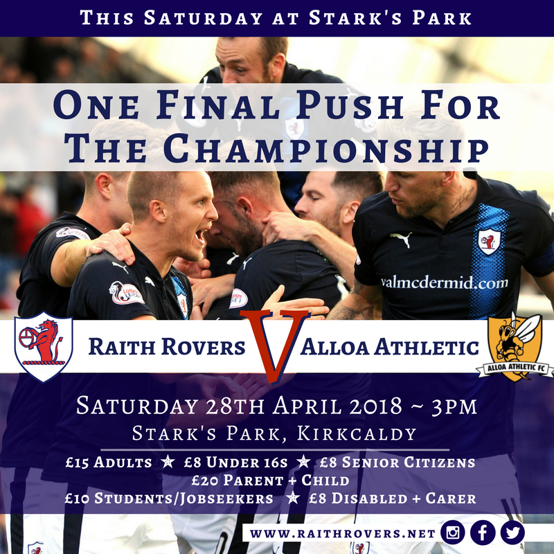 RaithRovers's tweet image. Saturday’s big match v @AlloaAthleticFC is pay at the gate. A bumper crowd is expected though, so to save time queuing fans can purchase tickets from the Main Office on weekdays between 9am and 4pm. #onefinalpush #RoaringBack