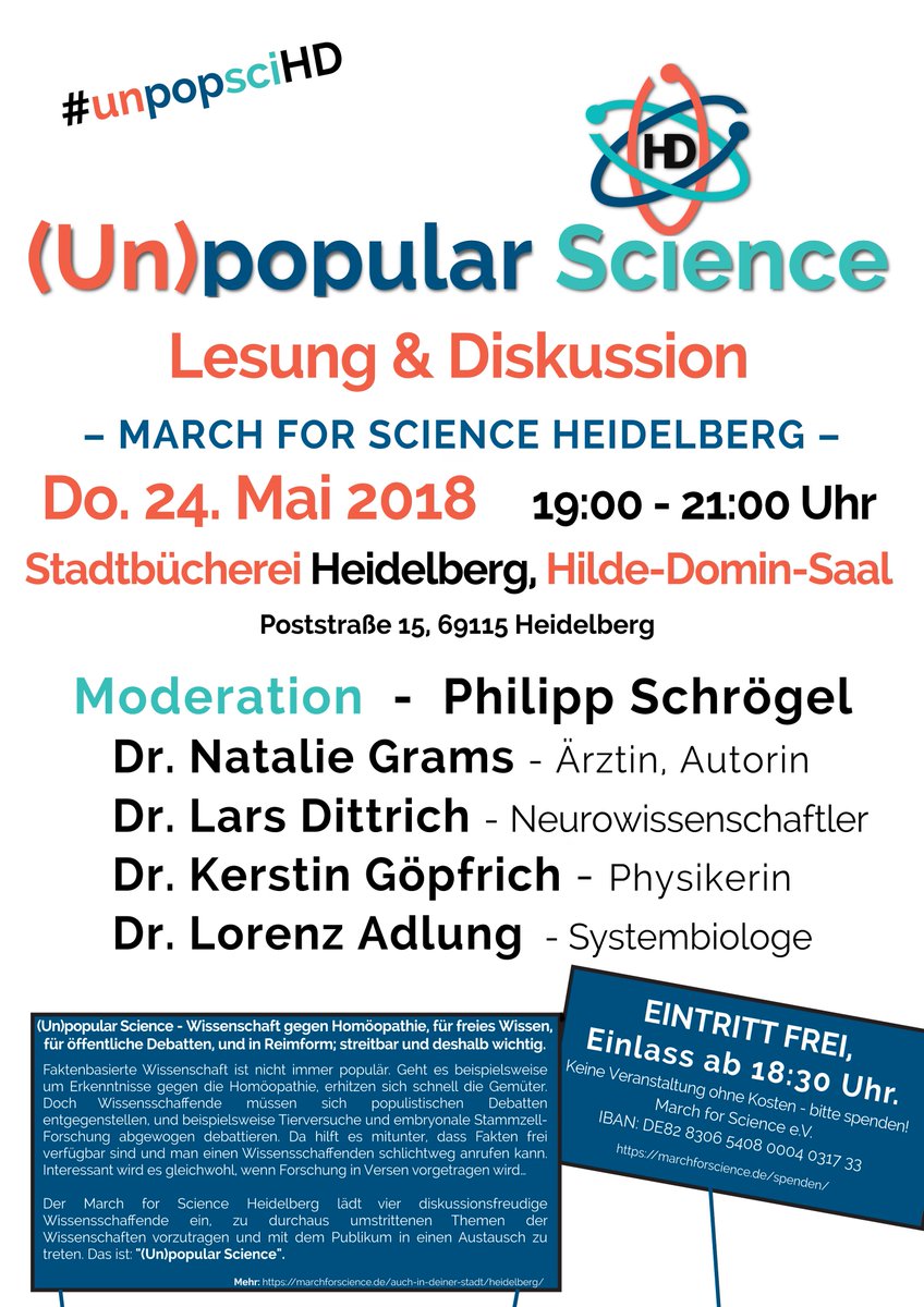 ScienceMarchHD's tweet photo. NUN OFFIZIELL: "(Un)popular Science" am 24. Mai 2018 in der Stadtbücherei #Heidelberg, EINTRITT FREI!
#marchforscienceHD https://t.co/NoOpHZw5p3