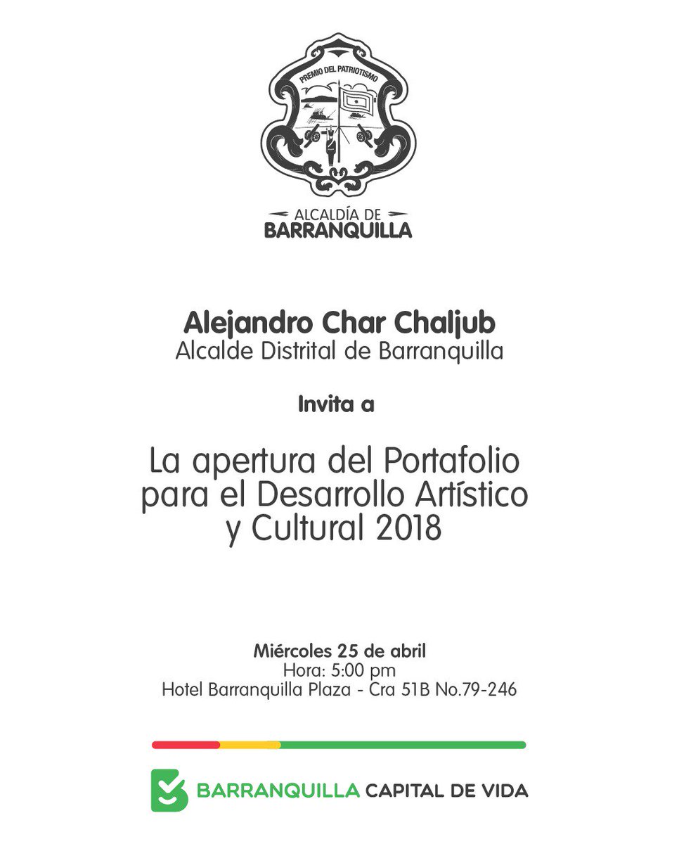 Gestores culturales y artistas, este miércoles, 25 de abril, tenemos una cita muy importante, junto a <a href="/AlejandroChar/">Alejandro Char</a> daremos apertura al #PortafolioDeEstímulos 2018, dando oportunidades a todos sus proyectos de creación, formación y circulación artística.