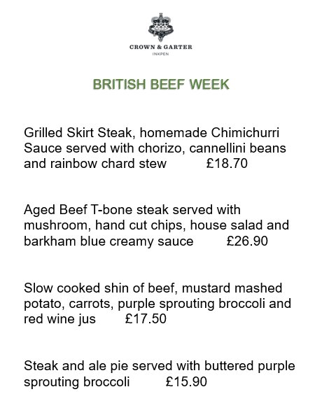 This British Beef Week choose from these delicious dishes. Grilled skirt steak, aged T-bone steak, slow cooked shin of beef or the classic steak and ale pie.

All homemade from scratch using locally sourced meat. Served lunch and dinner. 
#GreatBritishBeefWeek
