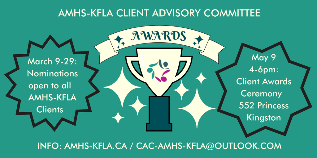 The Client Advisory Committee's first-ever Client Awards Ceremony is coming up on Wednesday, May 9 from 4-6pm at 552 Princess Street #YGK. Join us to celebrate exceptional peers, staff and volunteers nominated by AMHS-KFLA clients! facebook.com/events/1035955…