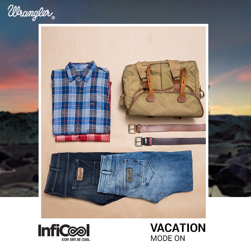 Wranglerdenims's tweet photo. All set for a new adventure? Pack those favorite denims and pair it with sweatproof #InfiCool shirts👕 and your ready to go! Check out the coolest collection: https://t.co/itA9rMSBsB #StaydryBeCool. Powered by Kooltex from RELan https://t.co/YVxIqlrocb https://t.co/ZJPLL0gu5V