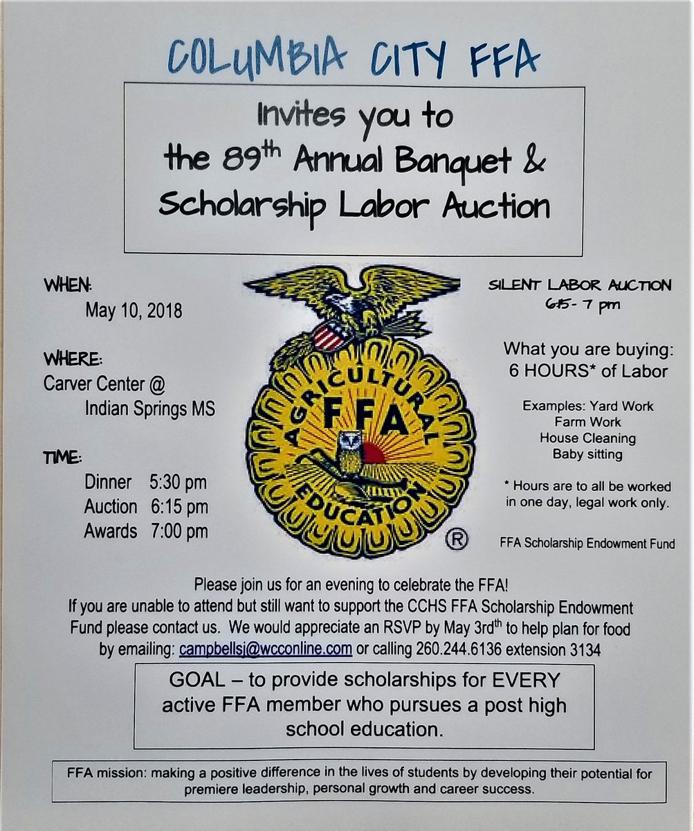 CC_FFAChapter's tweet photo. We have our annual banquet coming up May 10th! Please RSVP if you would like to help support us in our annual labor auction. All proceeds goes toward our scholarship endowment!! https://t.co/PqUjdiUZIw