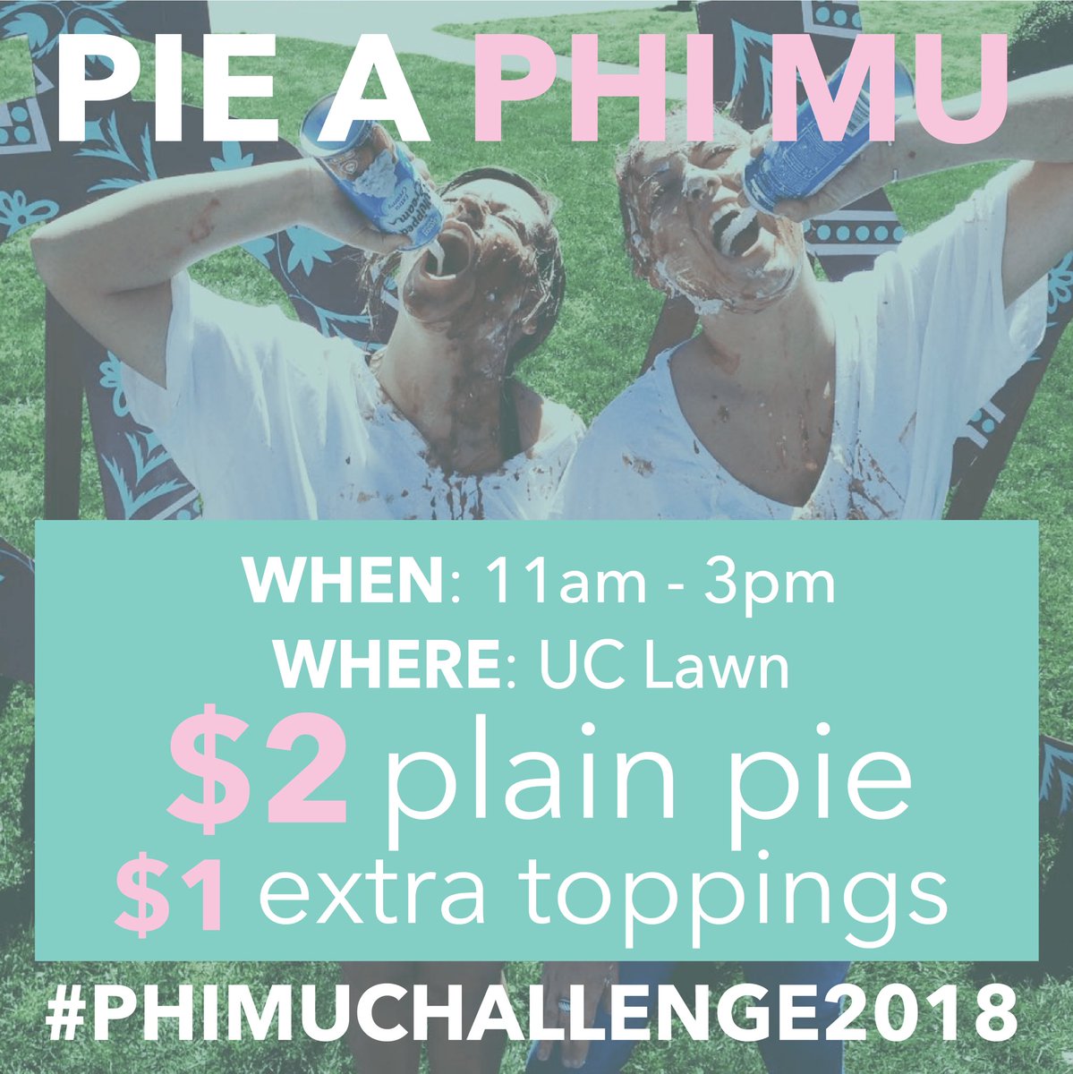 Today, we are having ≪Pie a Phi Mu≫ on the UC Lawn starting at 11am!! 
Don’t forget that all proceeds go to @CMNHospitals 💛 #PhiMuChallenge2018