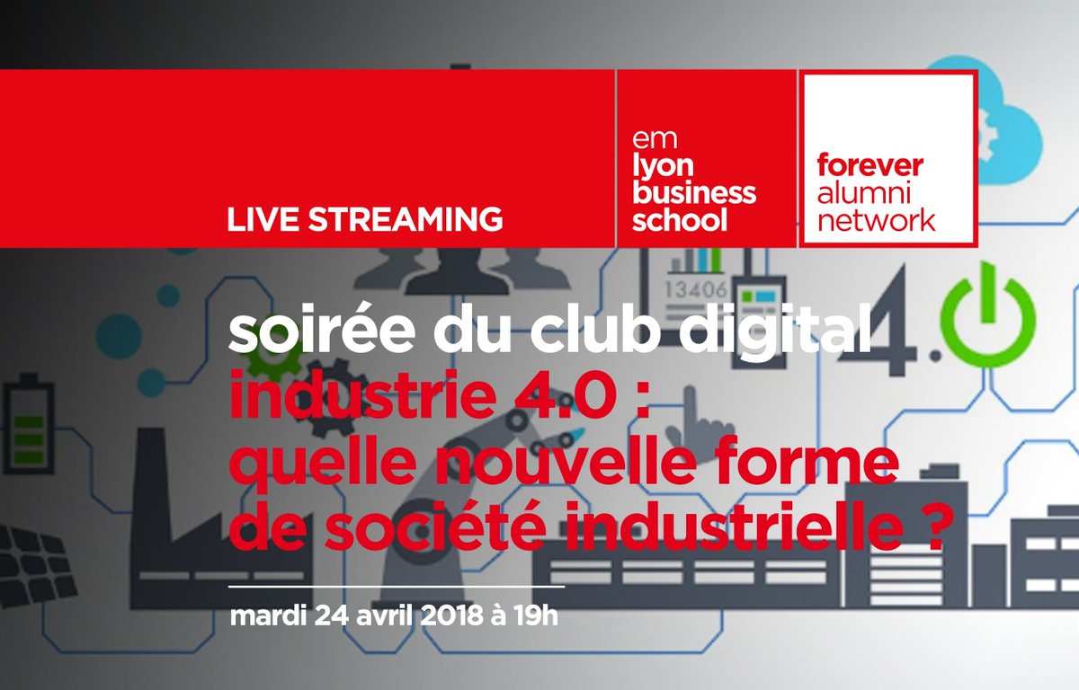 Le Club Digital <a href="/EMLYON/">emlyon business school</a>FOREVER sera en live ce soir sur la chaîne YouTube @EMLYON pour sa soirée conférence "industrie 4.0 : une nouvelle forme de société industrielle ?" RDV à 19h ici : youtu.be/n9ZZcaYJ3-Q
#industriedufuture #earlymakers #emlyonforever <a href="/EMDigiClub/">club digital emlyon</a>