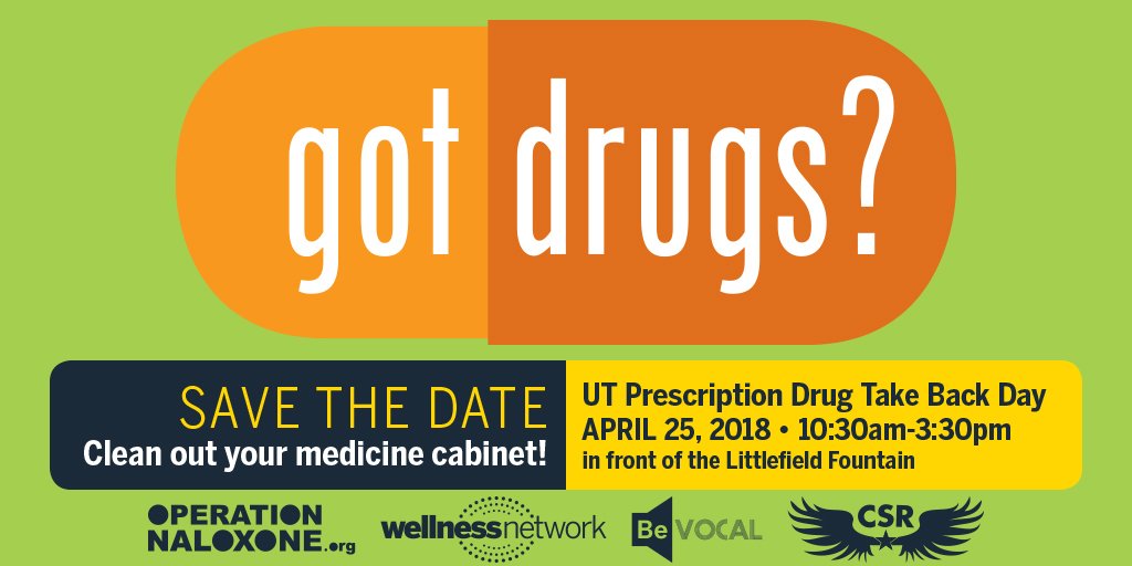 UTUnions's tweet photo. Holding onto prescription drugs you no longer need? 💁 Drop them off anonymously tomorrow at #UTDrugTakeBackDay! ✨ Free food 🍴 and shirts 👕 while supplies last: https://t.co/yeyo5DA8VM https://t.co/2WqVf8ZGZQ
