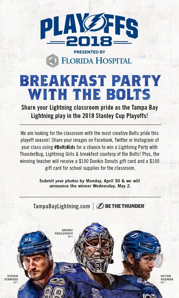 CLASSROOM CONTEST! To celebrate our <a href="/TBLightning/">Tampa Bay Lightning</a>, we are looking for the classroom with the most Bolts Spirit! Classroom with the most Bolts pride will receive a breakfast party courtesy of the Bolts! Use #BoltsKids to submit your post; submissions accepted through April 30.