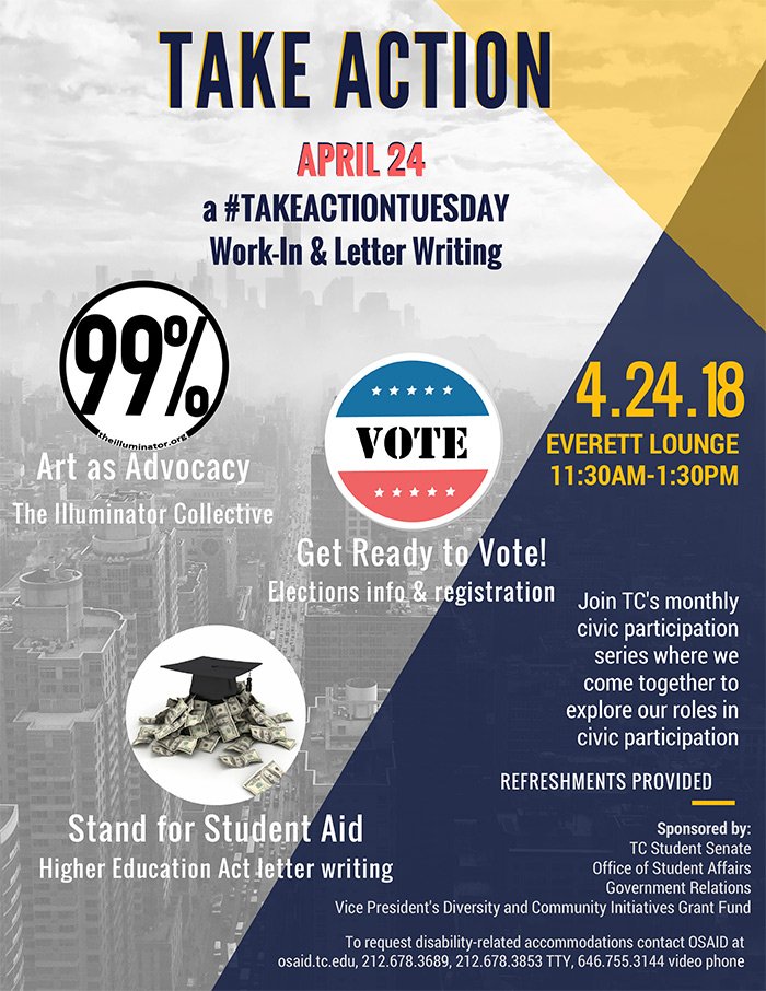 TeachersCollege's tweet photo. Join TC's monthly civic participation series where the community comes together to explore our roles in civic participation. The next #TakeActionTuesday event will take place TODAY, April 24, 11:30am-1:30pm, in Everett Lounge. Learn more: https://t.co/fZkosZPGbg https://t.co/XJdo8q1RpY