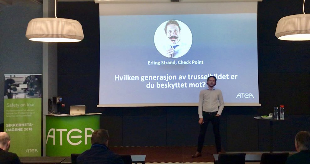TTmmernes's tweet photo. Erling Strand @erlingstrand fra @CheckPointNorge har bare 6 mnd i selskapet, men kan ITsikkerhets budskapet og teknologien helt ut i fingerspissene 👍 Takker for godt foredrag på #SHD18 i #Kristiansand @AteaNorge @BorgeWilh @RoarStorm @HeleneRobstad https://t.co/yWzdTKpdA0