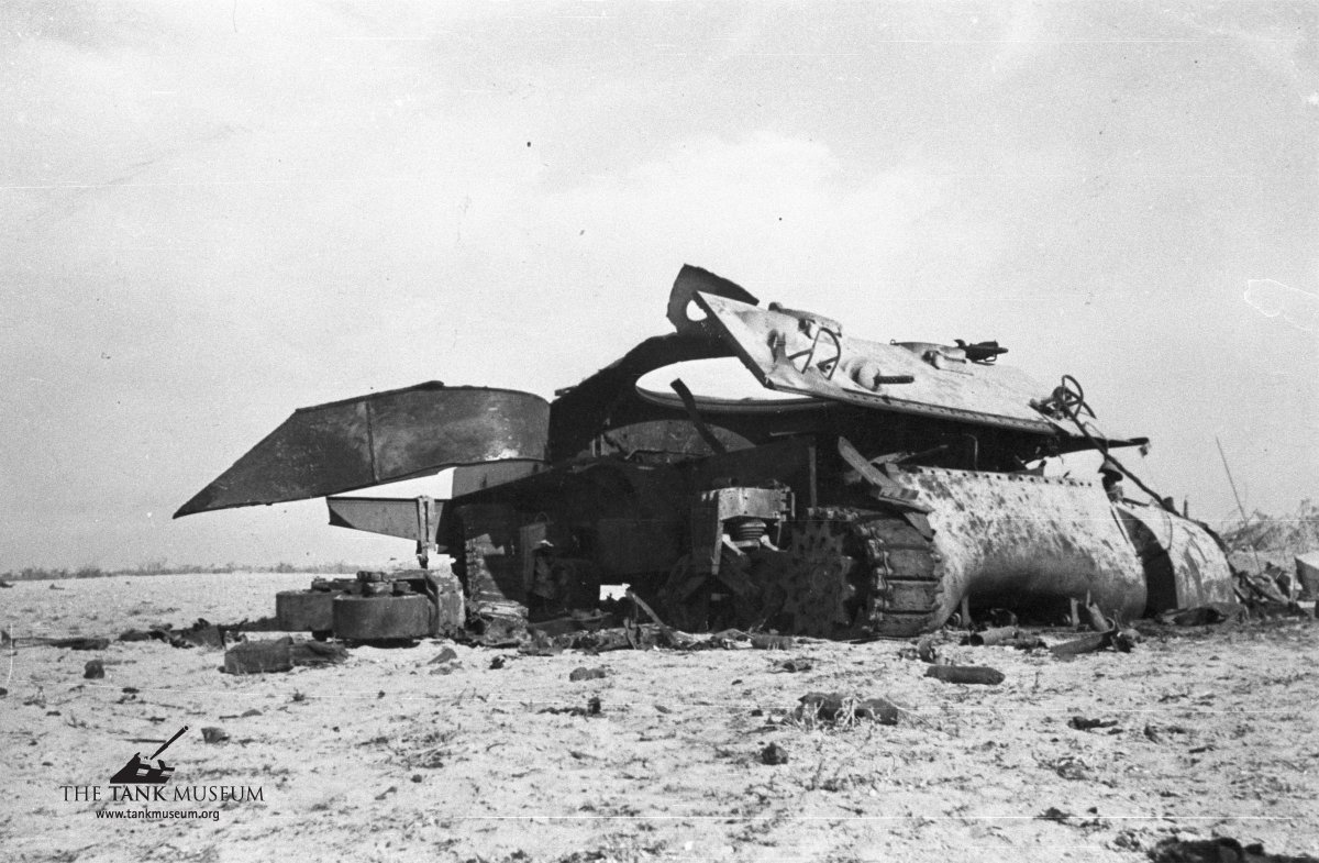 TankMuseum's tweet photo. This M4 Sherman has been the victim of a rather spectacular internal explosion. The tank blew apart along the weld lines, giving us a good look at the size of the armoured panels. This belonged to James Douglas Moon and was most likely taken in North Africa. https://t.co/KcbrykPWVz