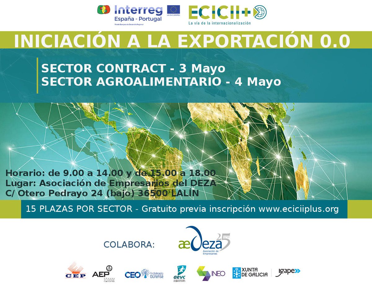 ECICIIPlus's tweet photo. ¿Has visto el programa de los talleres de iniciación a la #exportación de los próximos días 3 (#SectorContract) y 4 de mayo (#SectorAgroalimentario) en la Asoc de Emp de Deza, en #Lalín? 👉https://t.co/JcEISVuTkZ
👨🏫Formador: Javier Marcos Díez
Gratuitos previa inscripción https://t.co/3DbLZmuevH