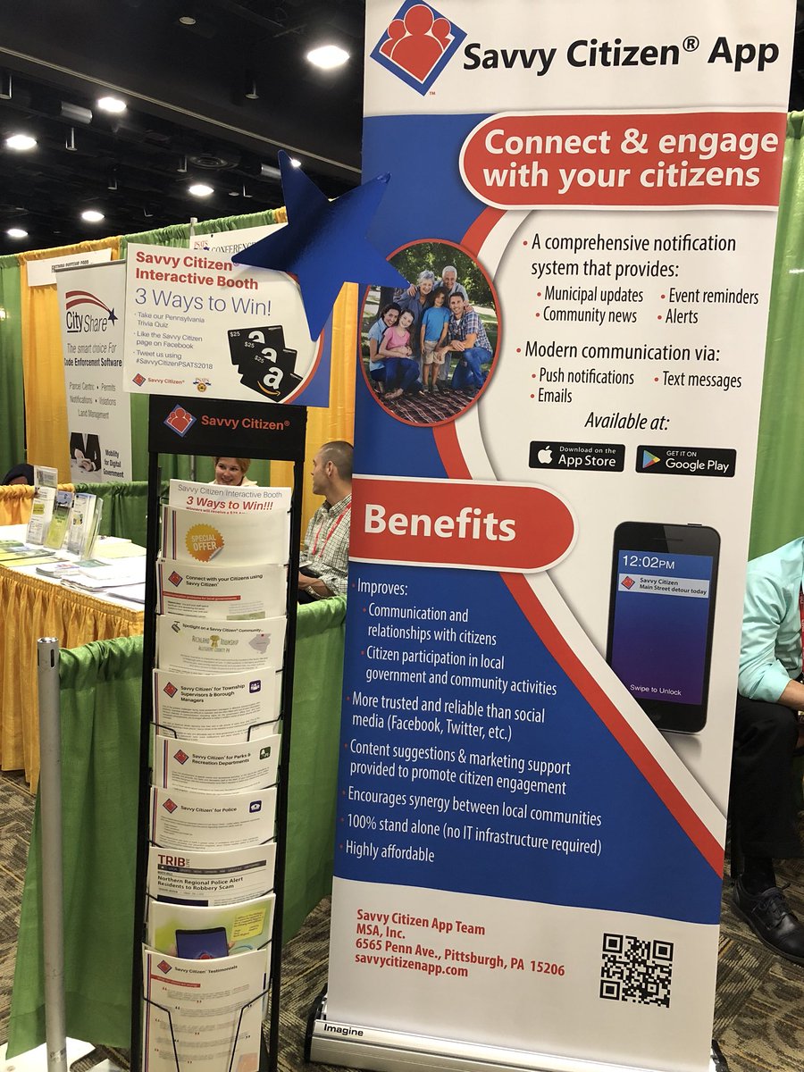 SavvyCitizenApp's tweet photo. It’s the final exhibit day of #PSATSConf18 and your last chance to win prizes. Stop by booth #49 to learn more about the best way to communicate with your residents. #SavvyCitizenPSATS2018 https://t.co/24o44QnsN0