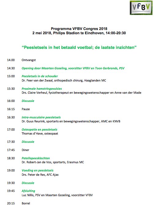 Over een week, op 2 mei vindt in het Philips Stadion te Eindhoven het VFBV Jaarcongres “Peesletsels in het betaald voetbal; de laatste inzichten” plaats. Schrijf je nog snel in: ow.ly/CcM430jpDR5