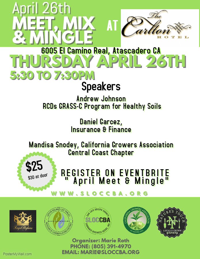 SLOCCBA's tweet photo. SLOCCBA Meet &amp; Mingle This Thursday @ The Carlton Hotel! Get the latest in cannabis industry legitimaztion!- https://t.co/bnv3dqWn9u https://t.co/3Wy2envmLl