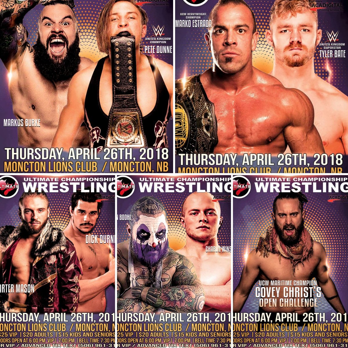 MaritimeShows's tweet photo. Here we GO!!  Anniversary weekend is HERE! @Tyler_Bate @PeteDunneYxB @RealJackSwagger @AweSampson @SiNNbODHi @DickDurning @veganwrestler @titusmatt11 @TysonDux @Champiandumande @masonwrestling @CharlieWinston_ @CoveyChrist #Halifax #Moncton #Kentville @realellsworth https://t.co/eiuC0fgIy0
