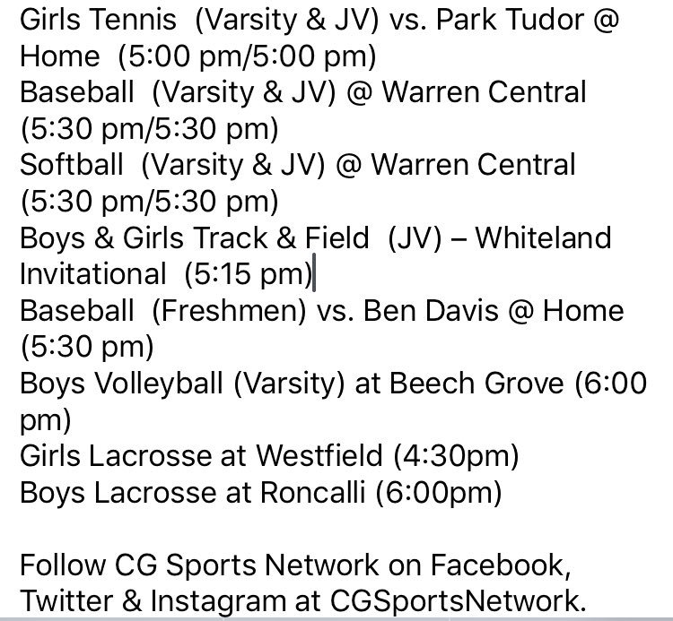 CGSportsNetwork's tweet photo. Today’s CGHS Sports Schedule: https://t.co/clUp6AtMvj