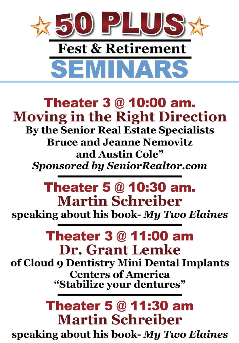 50PlusNewsMag's tweet photo. Only a few days left until the BIG event- 50 Plus Fest &amp; Retirement  Show. Check out the line up of great seminars that are going on  throughout the day! End your afternoon off with a free movie at 1:00,  movies are below along with lunch specials that will be offered. https://t.co/otDkzAgj6P
