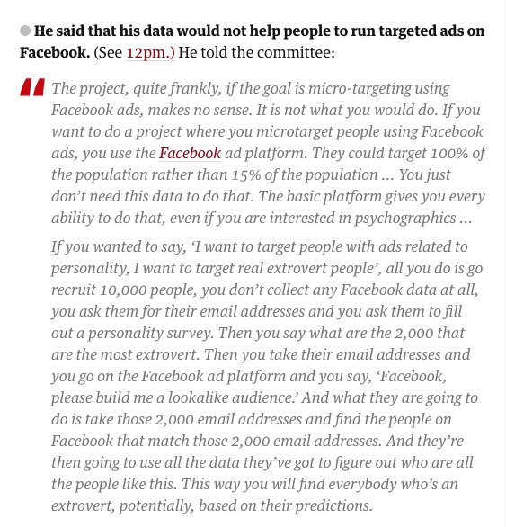 AndrewSparrow's tweet image. Ask for a &apos;lookalike audience&apos; - Academic in #dcmscommittee 
#cambridgeanalytica hearing explains how Facebook microtargeting works -  theguardian.com/politics/blog/…