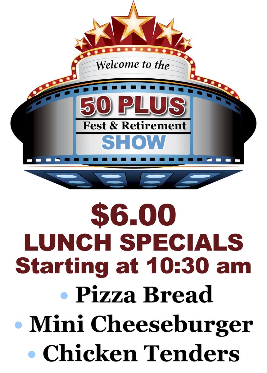 50PlusNewsMag's tweet photo. Here are the lunch specials that will be offered at the 50 Plus Fest &amp; Retirement Show. https://t.co/PyJBz3N7Ty
