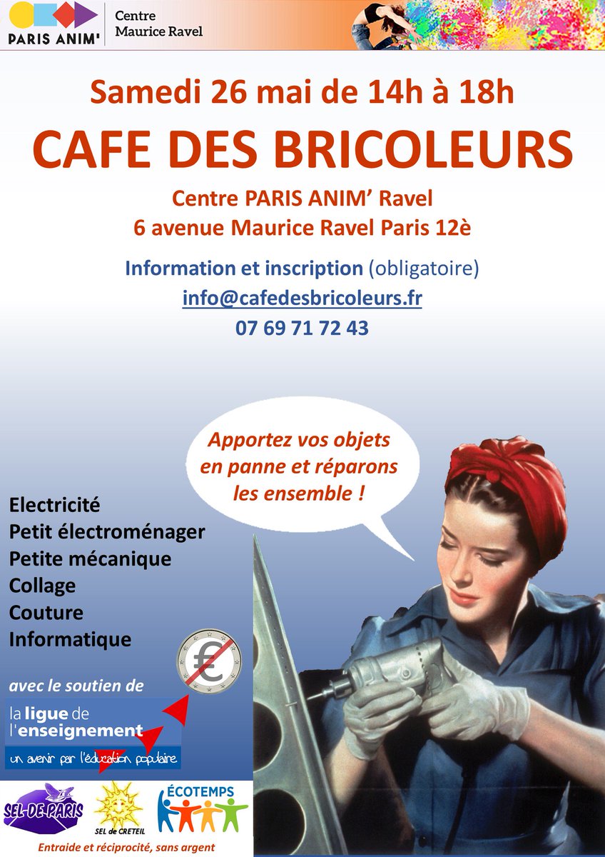ECOTEMPSparis's tweet photo. 📆 samedi 26 mai (14h-18h) 
 🔌🔋📻🔦Café des Bricoleurs en collaboration avec le Centre Paris Anim' Maurice Ravel Info&amp;Inscriptions: 📧info@cafedesbricoleurs.fr https://t.co/MT3ReMXMd7