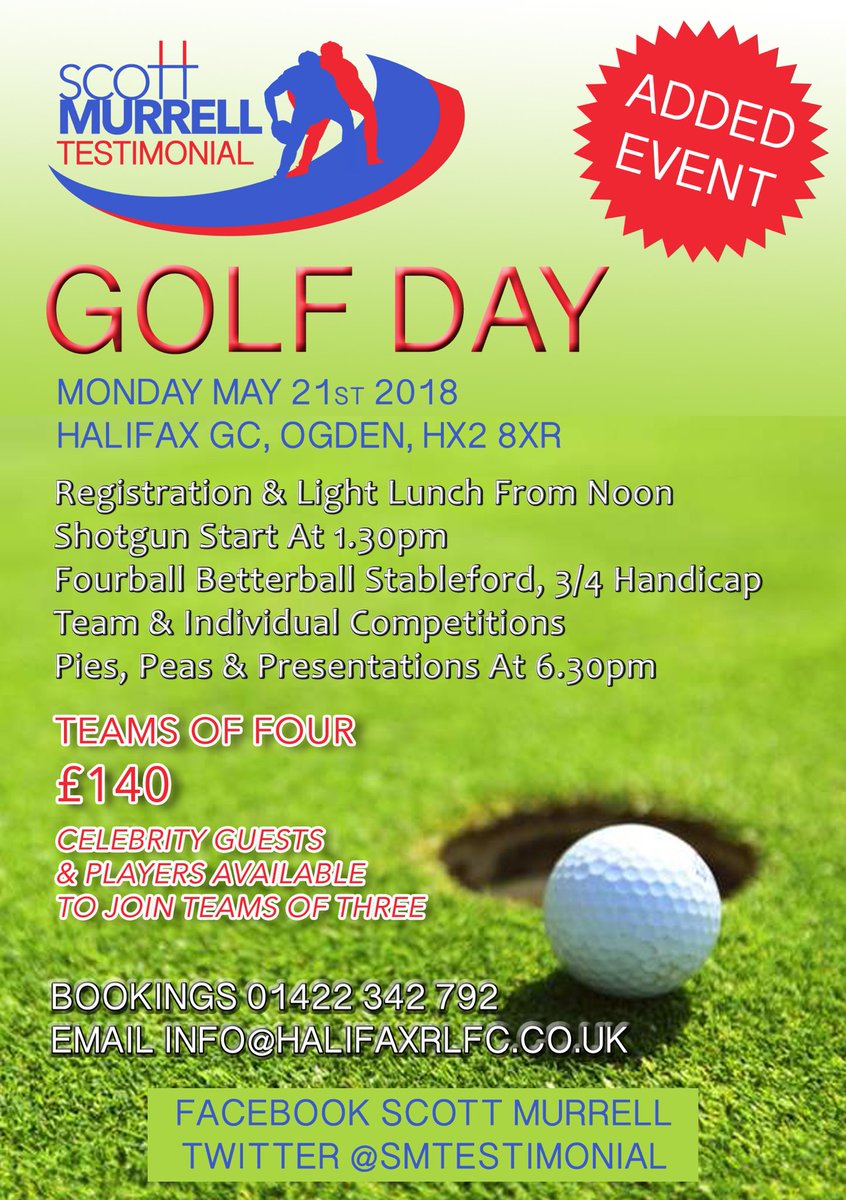 HalifaxPanthers's tweet photo. Why not support ‘Captain Fantastic’ Scott Murrell’s Testimonial Golf Day on Monday 21st May at Halifax Golf Club, Ogden, just £140 for a team of four. Call the office on 01422 342792 or email info@halifaxrlfc.co.uk. Thank you. #golf #scottmurrell https://t.co/XuZGuElZ1Q