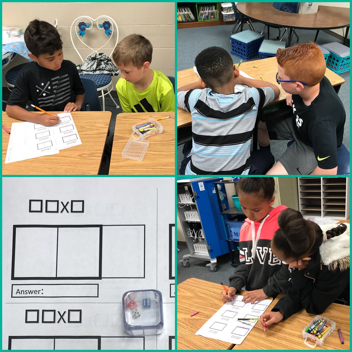 Mrs_Kral's tweet photo. Box multiplication, 3-in-1 dice, and partner work, equals peers teaching peers! #sulsprisd #wearesses https://t.co/0HQ94u8uXc