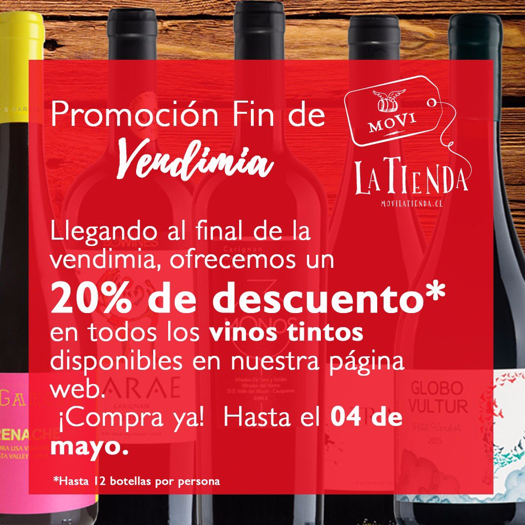 🍇🍂🍷 La vendimia está terminando y <a href="/movichile/">MoVI Chile</a> se volvió loco!!
Entra a movilatienda.cl y obtendrás un 20% de descuento en todos nuestros vinos de variedad tinta! 
No digas que no te lo advertimos! 
Hasta el 04 de mayo estaremos con esta increíble promoción!
⬇⬇⬇