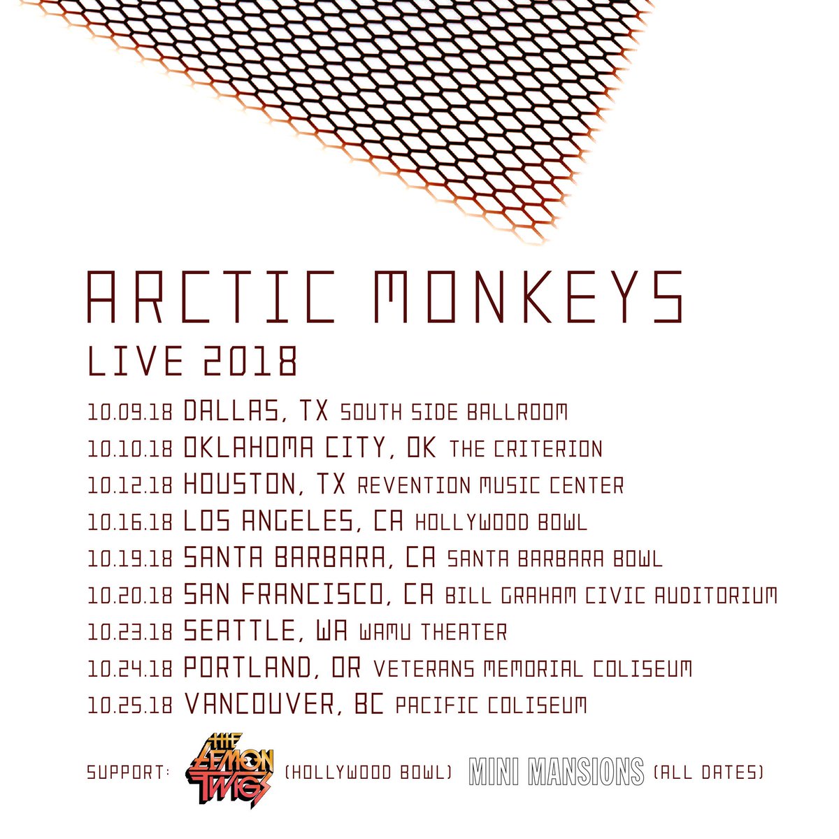 We're pleased to announce our North American live dates in October 2018. Tickets go on sale at 10am (Local time) on Friday 27 April. 
Support comes from @thelemontwigs for Hollywood Bowl only and @MiniMansions for all shows. For more information head to arcticmonkeys.com