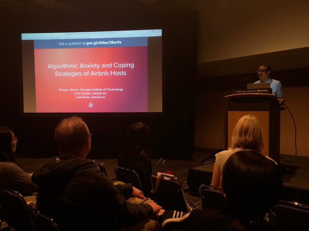 junkbop's tweet photo. “Algorithmic Anxiety and Coping Strategies of @Airbnb Hosts” delivered with aplomb by @shagunjhaver at #CHI2018 @Airbnbdesign @juddantin https://t.co/v7G9DeoM62