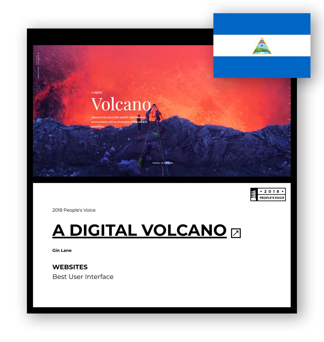 ginlane's tweet photo. We won the People's Voice @TheWebbyAwards 2018 Best User Interface for https://t.co/ly0SCz303Y! Thanks in large part to basically the entire country of #Nicaragua for coming out and voting - this is for you guys!!! cc @sam_cossman @generalelectric @sanctucompu #Webbys https://t.co/yFjAiv2kpw