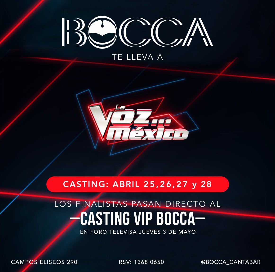 Bocca_cantabar's tweet photo. Si te gusta cantar, tienes la gran oportunidad de demostrar tu talento en @Bocca_cantabar del 25 al 28 de abril y te llevamos directo a @LaVozMexico

#LaVozEnBocca #CastingVIPBocca #LaVozMéxico #CastingLaVozVIP #BoccaTeLlevaALaVozMexico #CastingLaVozMéxico https://t.co/eQyVzzOaTx