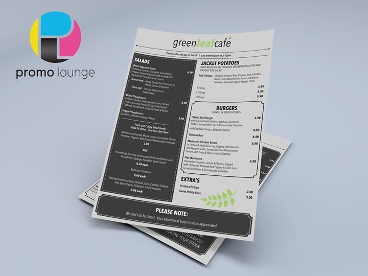 PromoLoungeTQ's tweet photo. Promo Lounge: New Menus designed and printed for the Green Leaf Cafe, Torquay

More examples of our work at https://t.co/R5TCTT6tv4 https://t.co/XULD7E8J3K