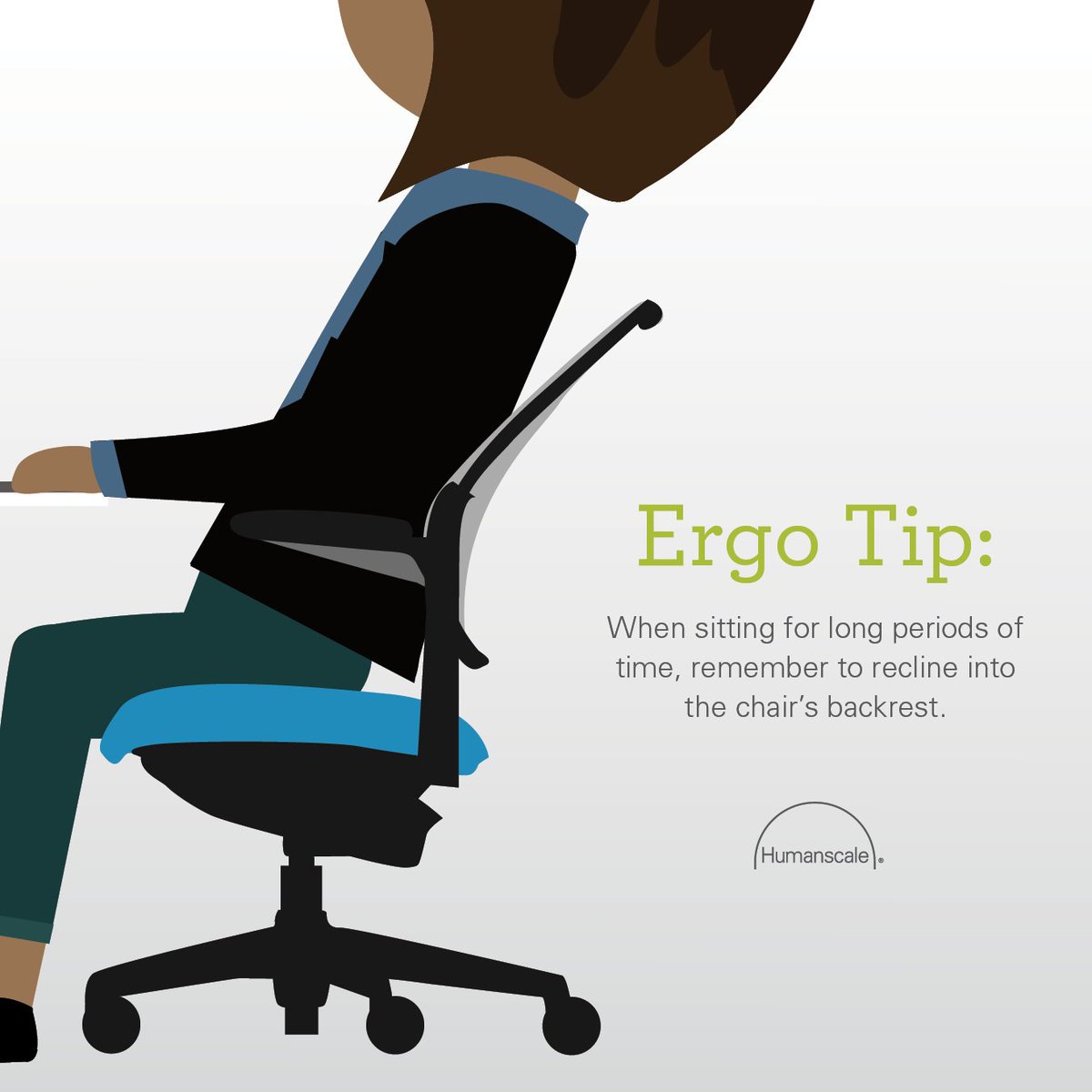 humanscale's tweet image. Sitting in a reclined position reduces spinal loading and disc compression, prevents muscle fatigue, and helps lubricate the joints. #HumanscaleErgoTips