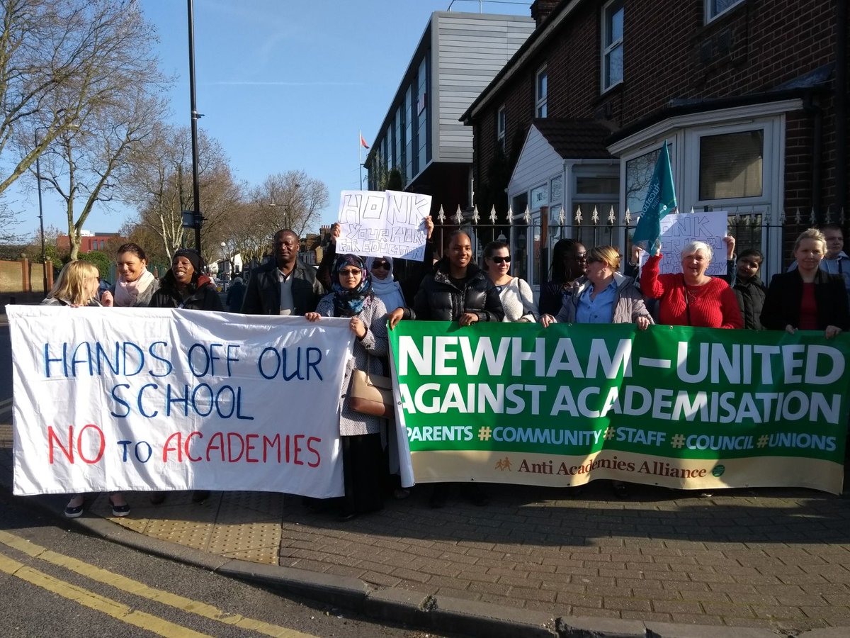 Solidarity with <a href="/AvenueParents/">Avenue Parents Group</a> <a href="/parentsE16/">ParentsSayNoToMAT</a> and Newham <a href="/NEUnion/">National Education Union</a> striking against academisation at Avenue Primary and Cumberland Secondary this week. Governors and Heads need to realise they are stewards not owners of schools. Education should be a common good, not a private asset.