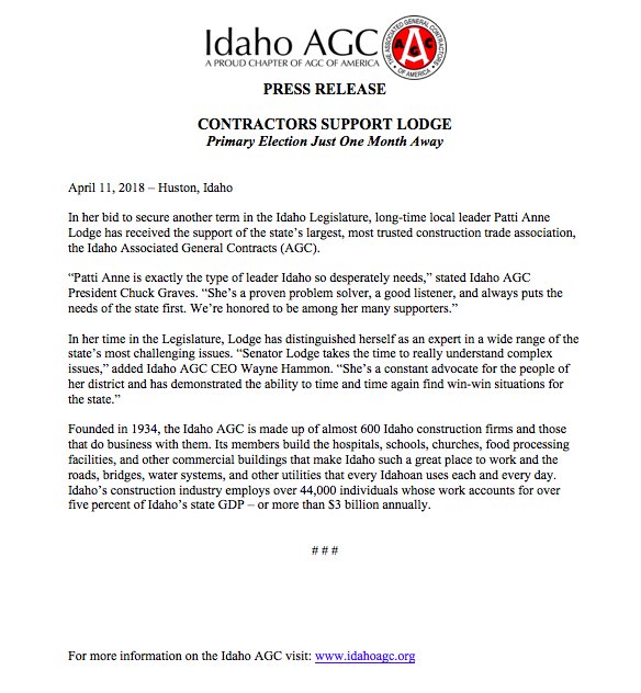 SenatorLodge's tweet image. Thank you @IdahoAGC for your endorsement!