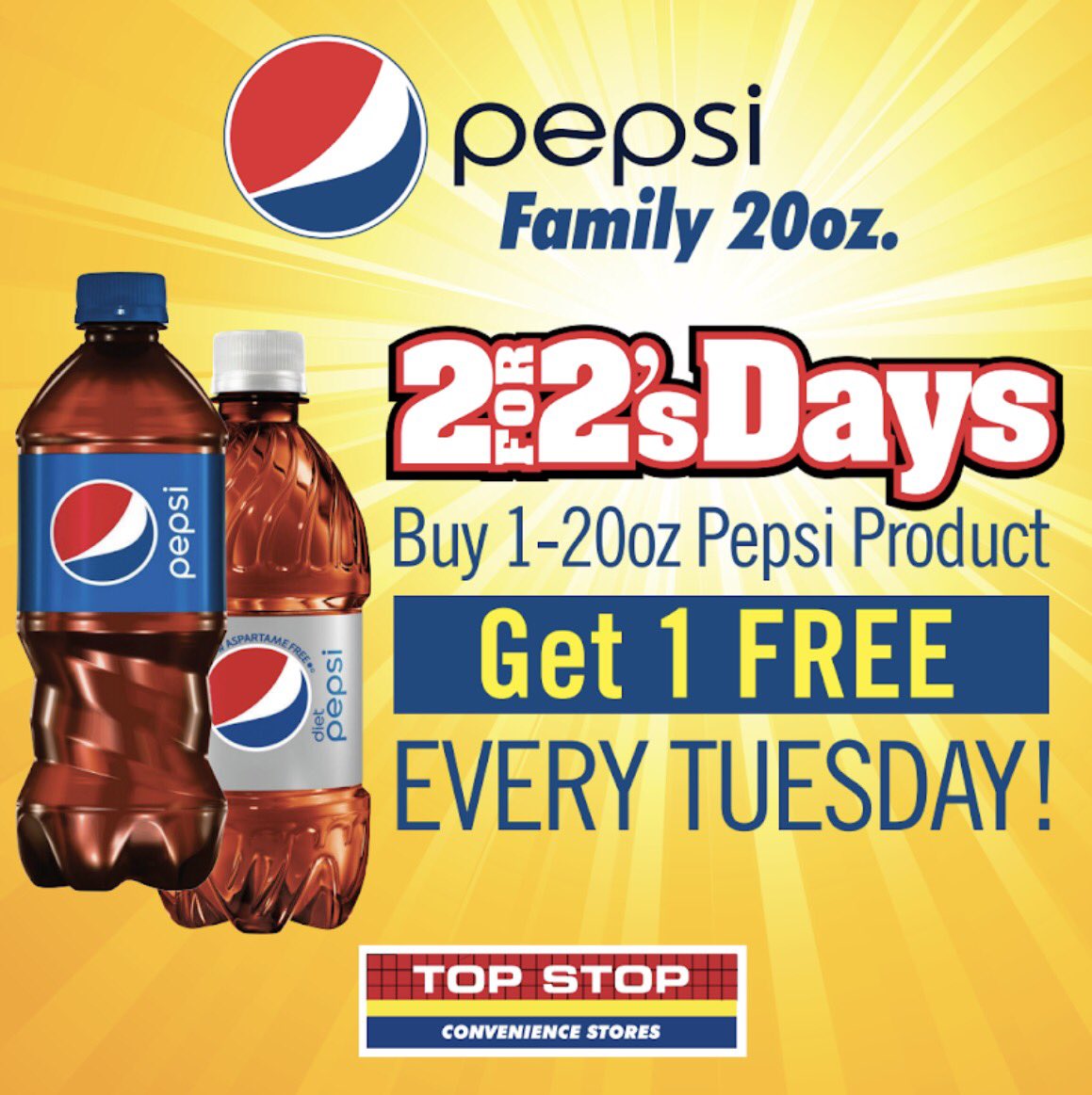 TopStopCS's tweet photo. 2 for 2's Days. Buy 1-20 oz Pepsi Product and get 1 free every Tuesday.
.
.
.
#TopStop #utah #idaho #conveniencestores #perxsplus #deals #mixandmatch #2for2tuesday #pepsi https://t.co/TYbP96PacR