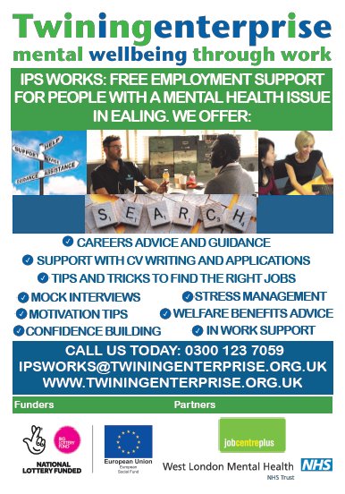 Twining_news's tweet photo. Do you live in #Ealing ? Have a #mentalhealth issue &amp; want some employment support? Including mock interviews, coaching &amp; practical tips?  GET IN TOUCH NOW! https://t.co/7T3YNzt2Qa