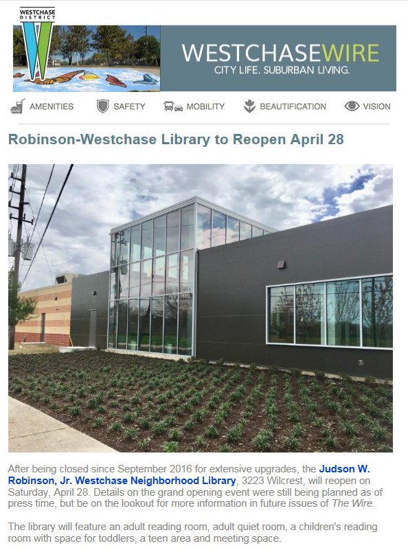 Robinson-Westchase Neighborhood Library is projected to reopen this Saturday - 4/28! With a #ReOpeningCelebration from 2-5pm. Free #Games #ArtsAndCrafts #DancePerformances #Food #FacePainting #WinPrizes  #AliefProud @houstonlibrary @westchasehou @AliefISD