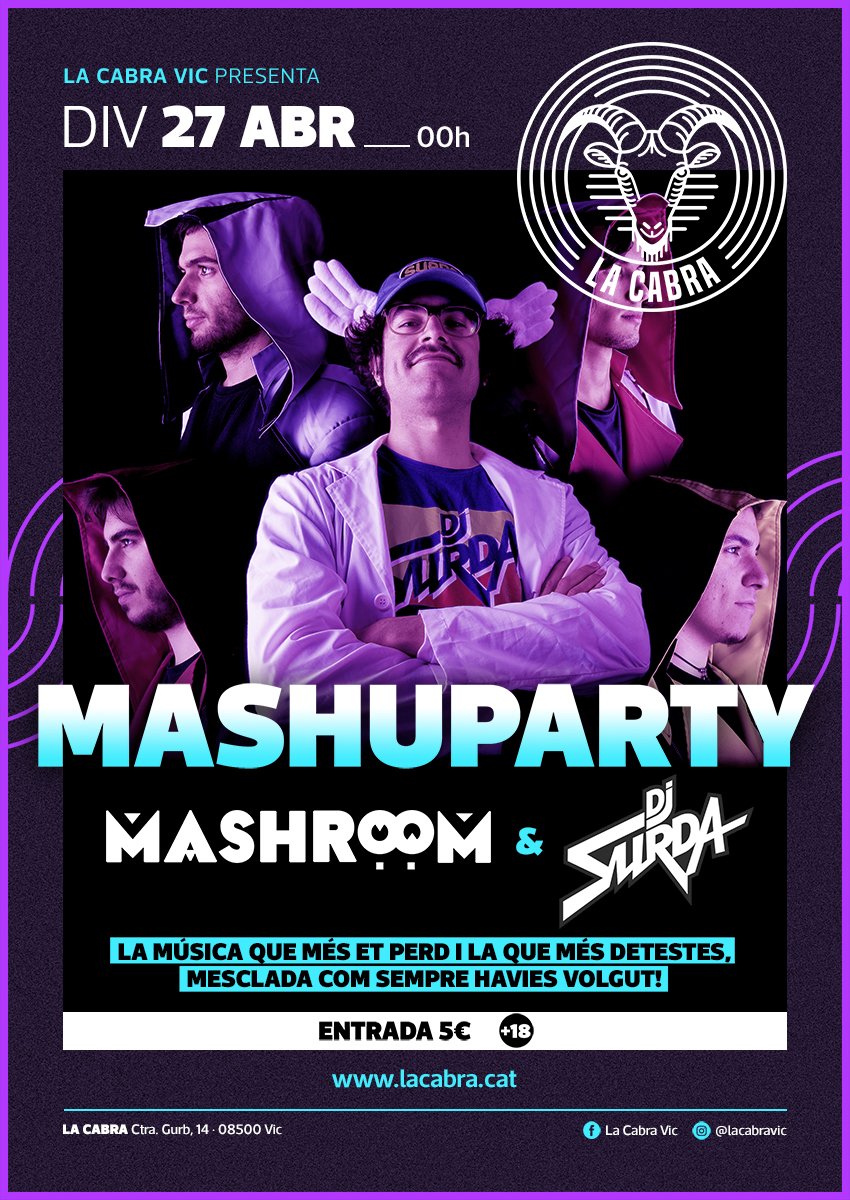 DJSurda's tweet photo. Bona liada 😜🎉 la que @mashroomlive i servidor us tenim preparada per aquest DIV27 a @Cabravic ✊🏼#MashuParty #MashuPartyLiveShow #Mashup #Bootleg #DJSurda #Surda #MashRoom #Live #LiveBand #MashupBand #LaCabra #Cabra #Vic #FormulaSurda #Alas #Ales #Rock #Hit #Temazo #PartyHard https://t.co/kPMkiRvUCJ