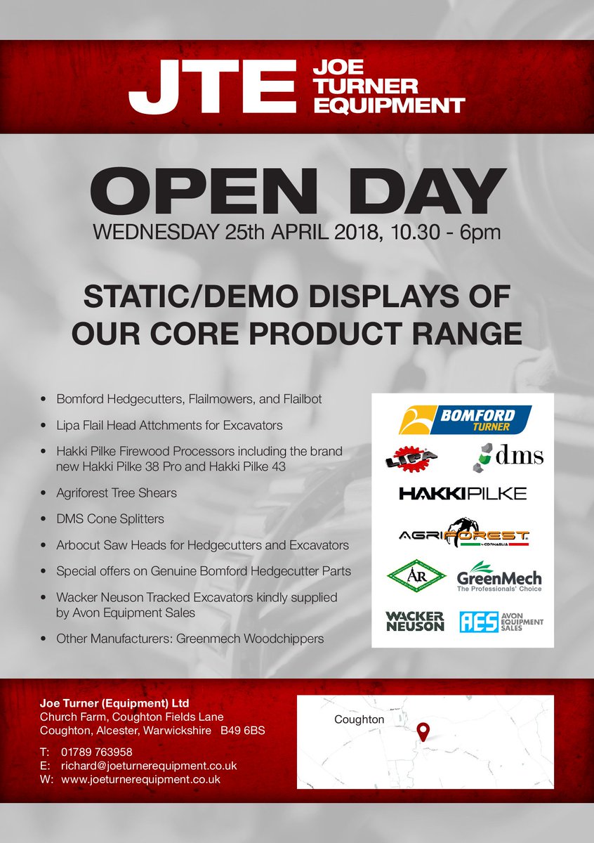 JoeTurnerEquipt's tweet photo. Hakki Pilke Firewood Processors, Lipa Excavator Flails, Agriforest Tree Shears and DMS Cone Splitter Ready for Demonstration at our open day tomorrow Wednesday 25th April. 
Excavators care of Avon Equipment and Wacker Nueson. https://t.co/hS0HXaaEnm