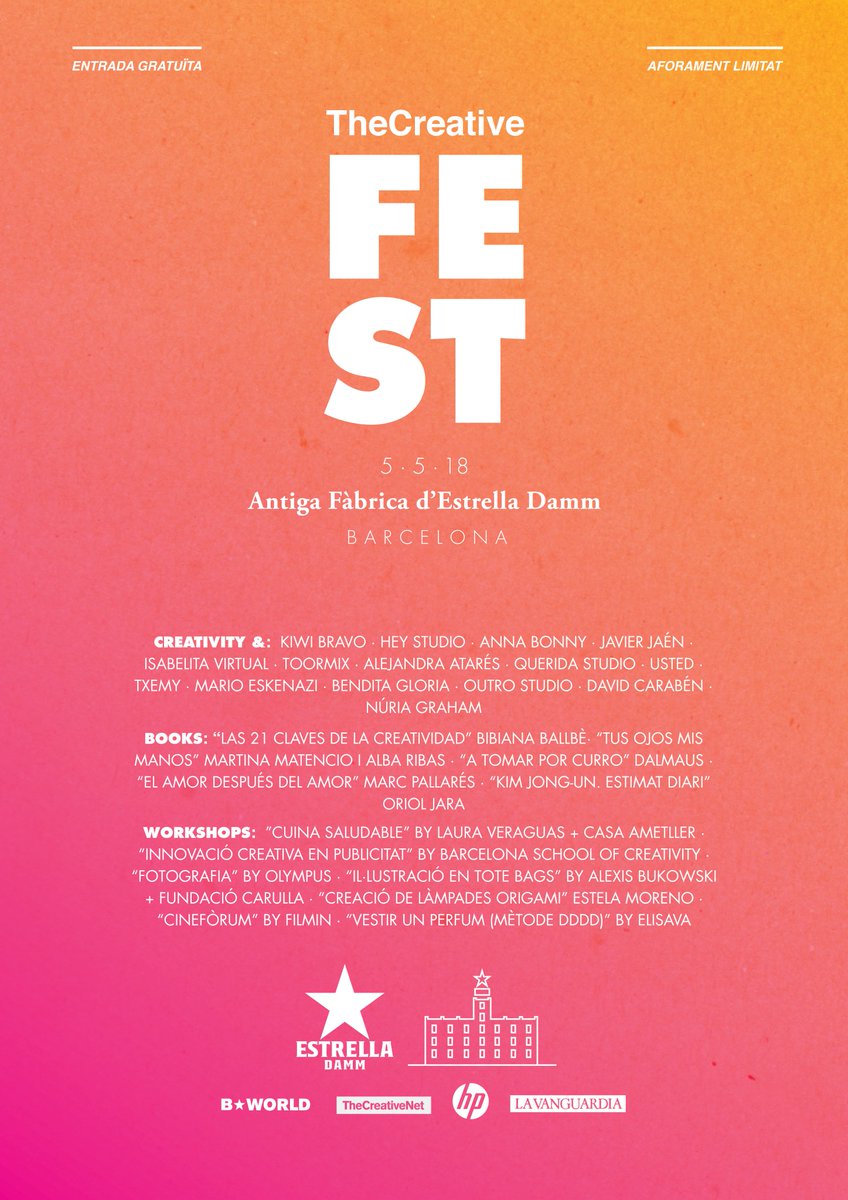 Hoy desvelamos el cartel completo del #TheCreativeFest18 Reservad el día 5 porque tenemos preparadas muchas charlas y talleres interesantes, además habrá foodtrucks, Djs, market y los CreativityAwards.