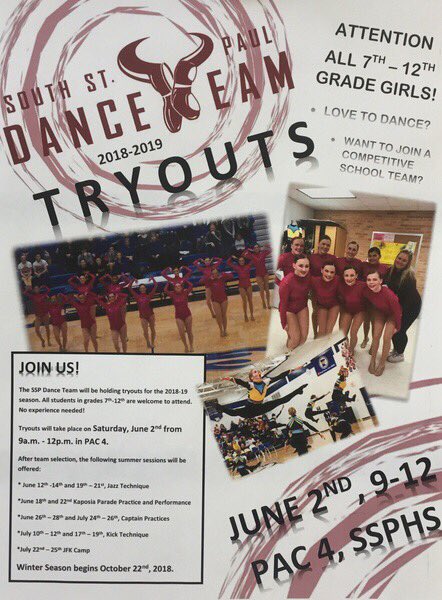 Parent meeting on Wednesday 4/25 at 6:00p.m. in Lecture Hall. New dancers and families are invited! Tryouts, Summer, Camp and more! #sspdt