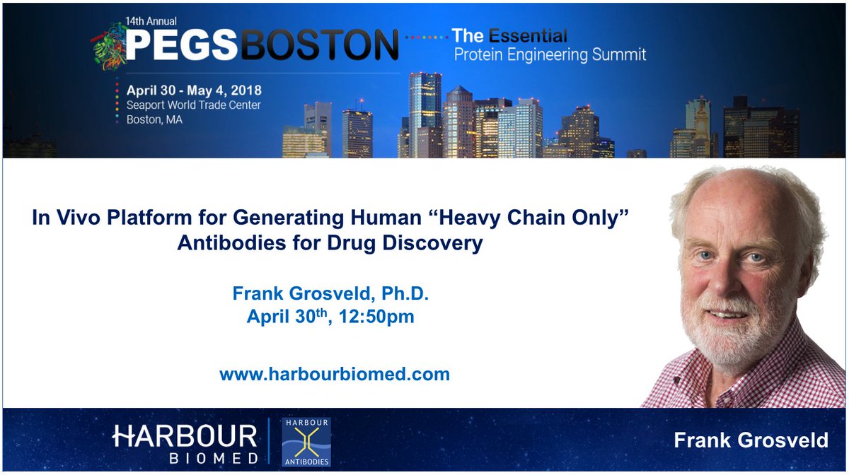 Harbour Antibodies Founder, Dr. Frank Grosveld present "In Vivo Platform for Generating Human "Heavy Chain Only" Antibodies for Drug Discovery. Booth 601 #HarbourMice #PEGS18 
harbourbiomed.com/en/newsContent…