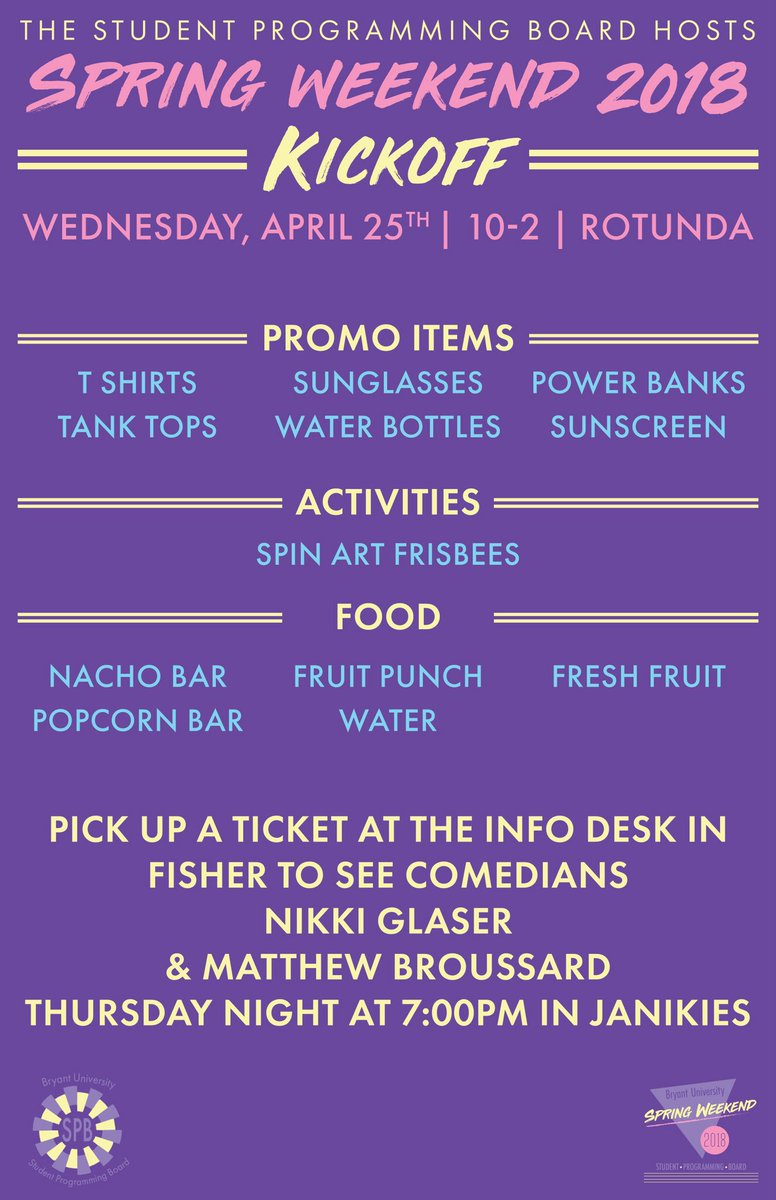 BryantSPB's tweet photo. SPB is kicking off Spring Weekend TOMORROW from 10-2 in the Roto! Check out what we have going on!
#bryantspringweekend https://t.co/LPrVvP4FIu