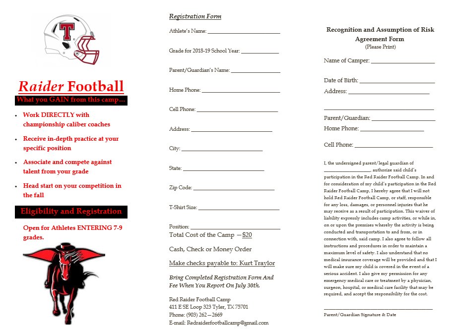 TylerLegacyFB's tweet photo. Attention all future Red Raiders! @RELFootball will be hosting a football camp for all incoming 7th-9th graders. This will be beneficial in learning the basics of the Red Raider offense, defense, and program culture. See the attached pictures for details! #RaiderPRIDE https://t.co/UPyhIOLYIF
