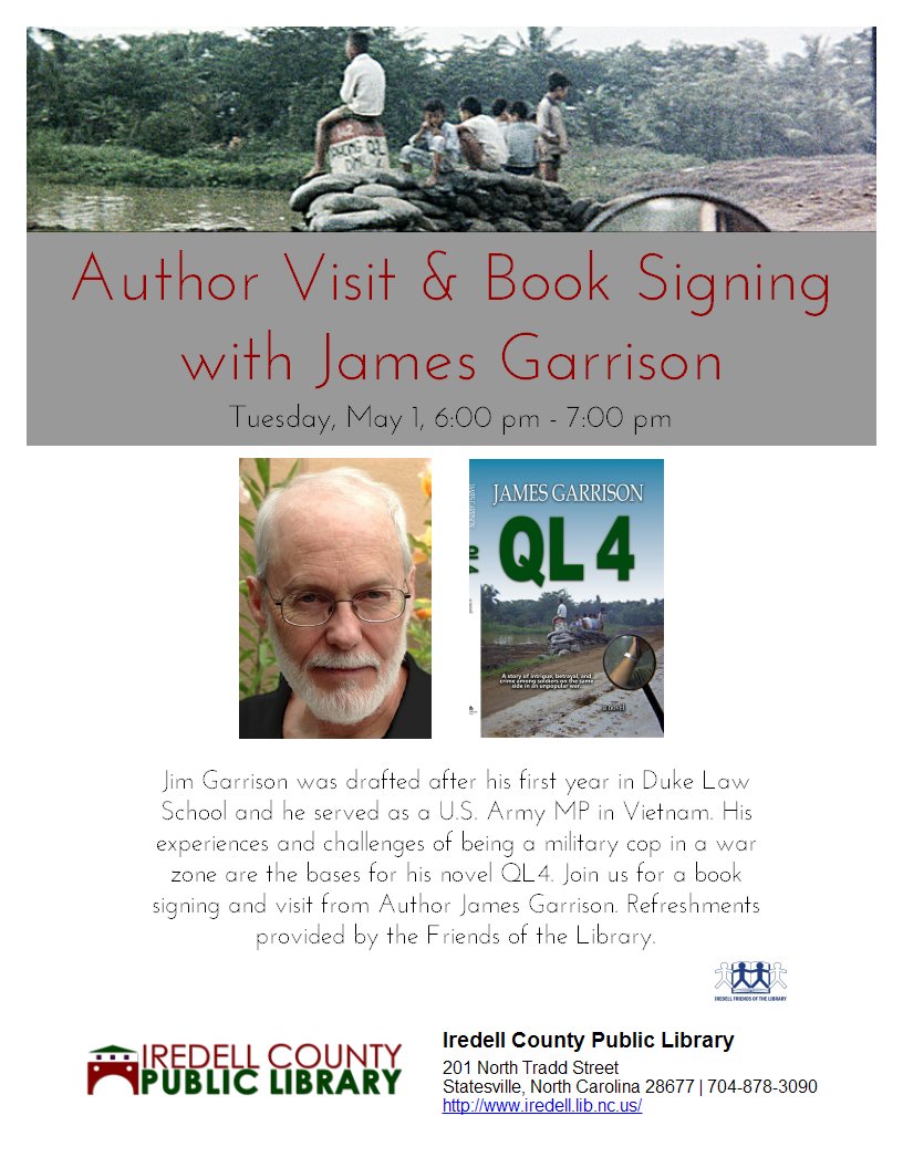 IredellLibrary's tweet photo. Tues. May 1 @ 6pm
Author and Statesville Native James Garrison #iredellcountylibrary https://t.co/0jUfO9AJ5H https://t.co/UttJyPFD1y