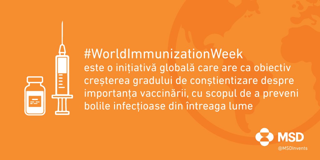 MSD_Romania's tweet photo. Astăzi este prima zi din Săptămâna Mondială a Imunizării 2018! 
La MSD susținem această inițiativă importantă și suntem dedicați cauzei de a crește gradul de conștientizare asupra importanței pe care vaccinarea o are în prevenirea bolilor infecțioase.
#WorldImmunizationWeek https://t.co/m6a89ZR65w