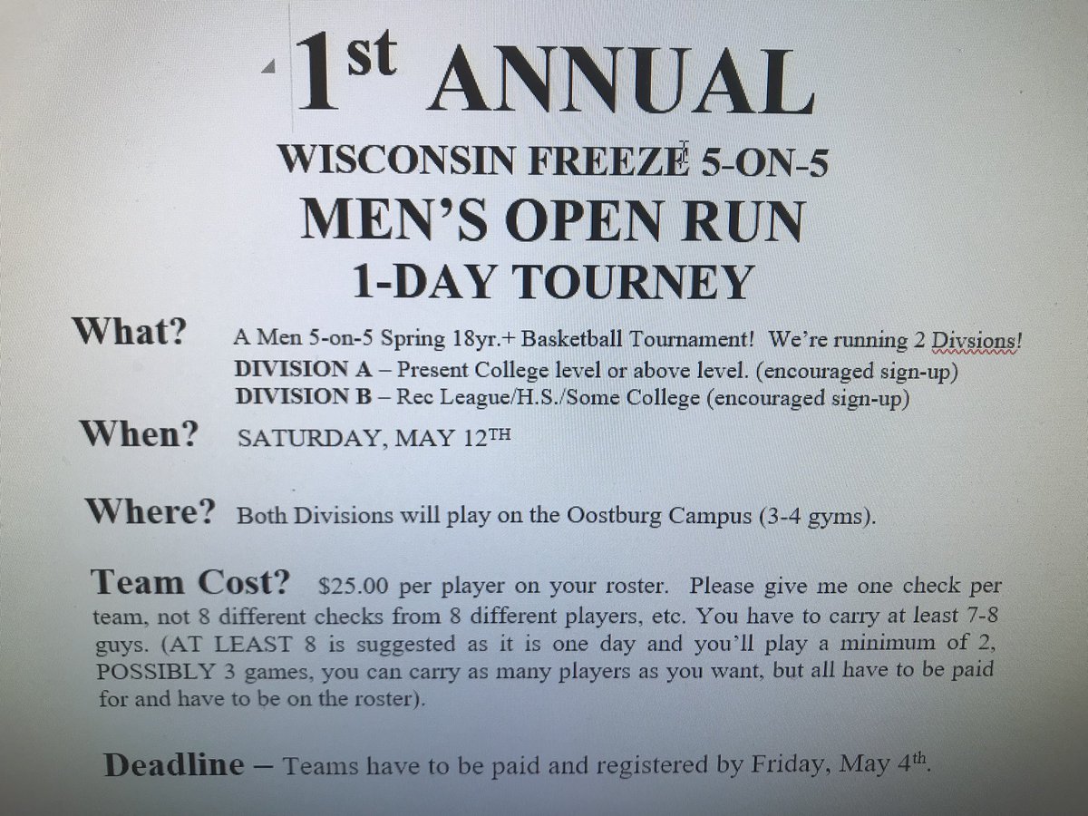idketterhagen's tweet photo. Men’s 5-on-5 Tourney, 2 Divisions, @ Oostburg, Saturday, May 12th! PM me your email for registration form! https://t.co/oFc5rvSYdk