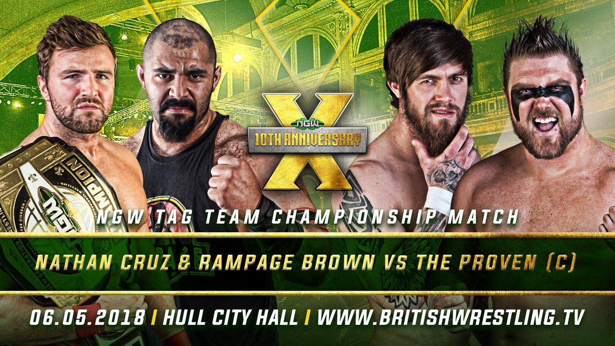 RingsideWorld's tweet photo. Tag Team Championship Match Announced! @NGWrestlingUK 10th Anniversary #Hull @CityHallHull 06/05 It's @Nathan_Cruz90 &amp; @RampageBrown vs @SamWilder_1990 &amp; @Caz_Crash92 Tickets https://t.co/qdNUUFAN8y https://t.co/RNzCajqgJU